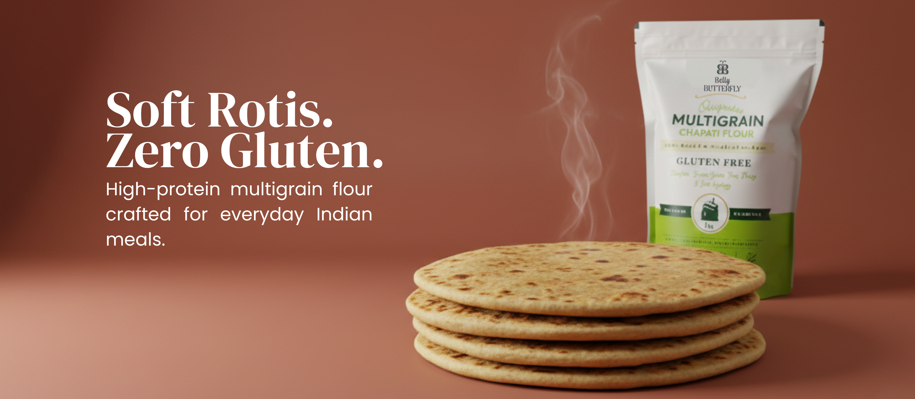 Stack of soft rotis next to a package of Belly Butterfly's Multigrain flour on a brown background